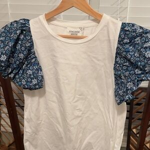 Hyacinth House White Top with Blue Floral Puff Sleeves